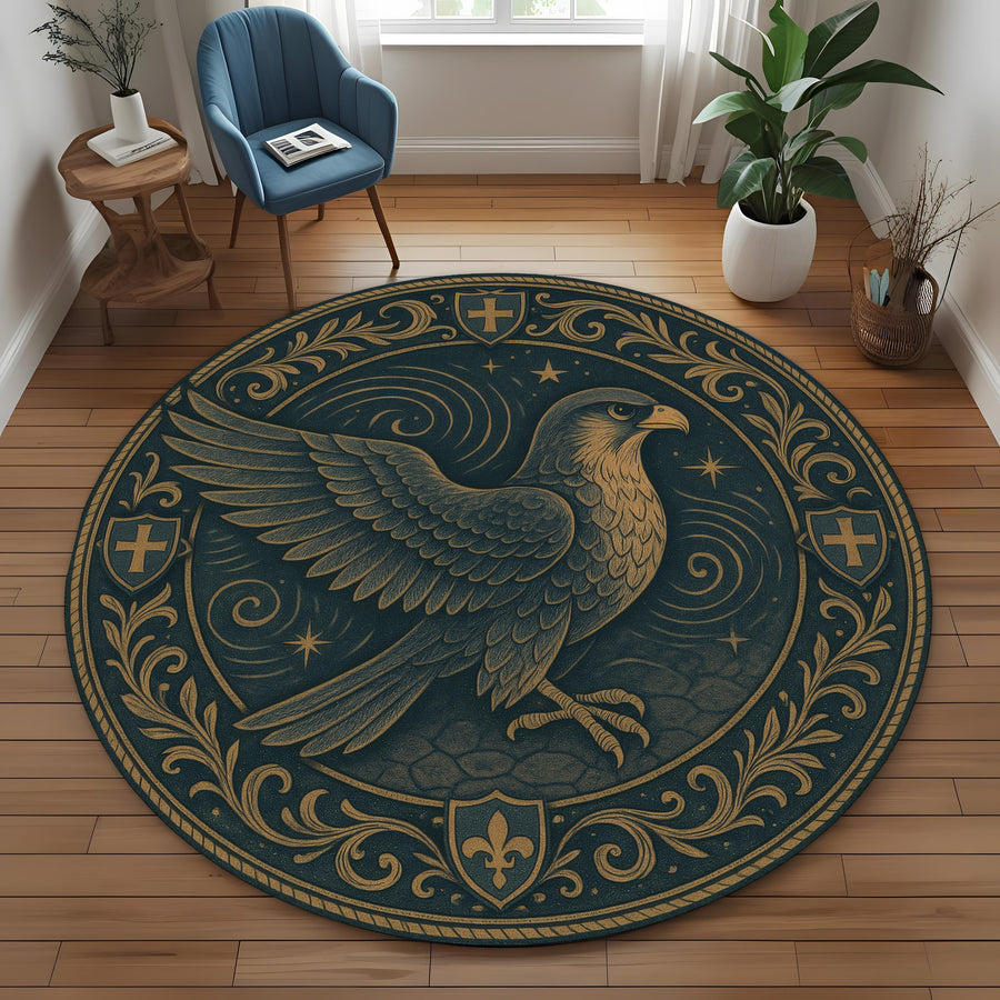 Eagle Heraldic Crest Rug: Round Medieval Style Tapestry Rug with Fleur-de-Lis and Noble Shield Motifs