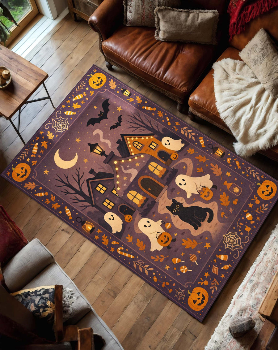 Whimsical Halloween Rug, Ghosts Trick or Treating with Black Cat and Haunted House, Purple Witchy Fall Carpet for Spooky Gothic Room Decor