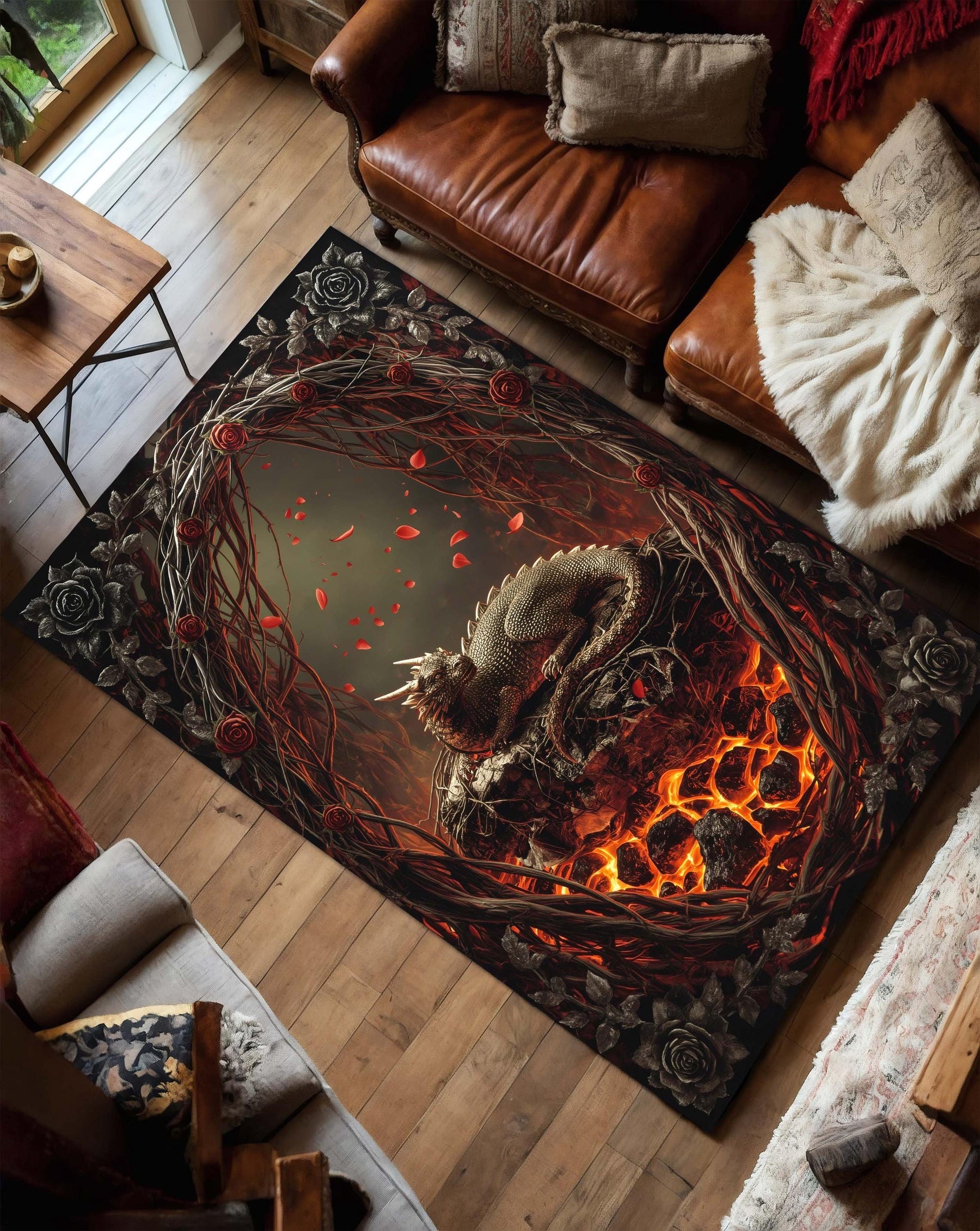 Gothic Dragon Rug for Dragonlovers, Gothic Fantasy Lava Lair Carpet with Thorns & Sleeping Beast