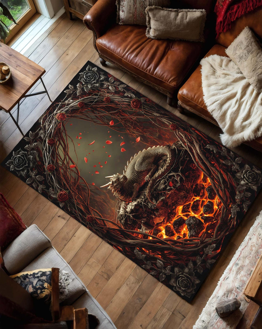 Gothic Dragon Rug for Dragonlovers, Gothic Fantasy Lava Lair Carpet with Thorns & Sleeping Beast