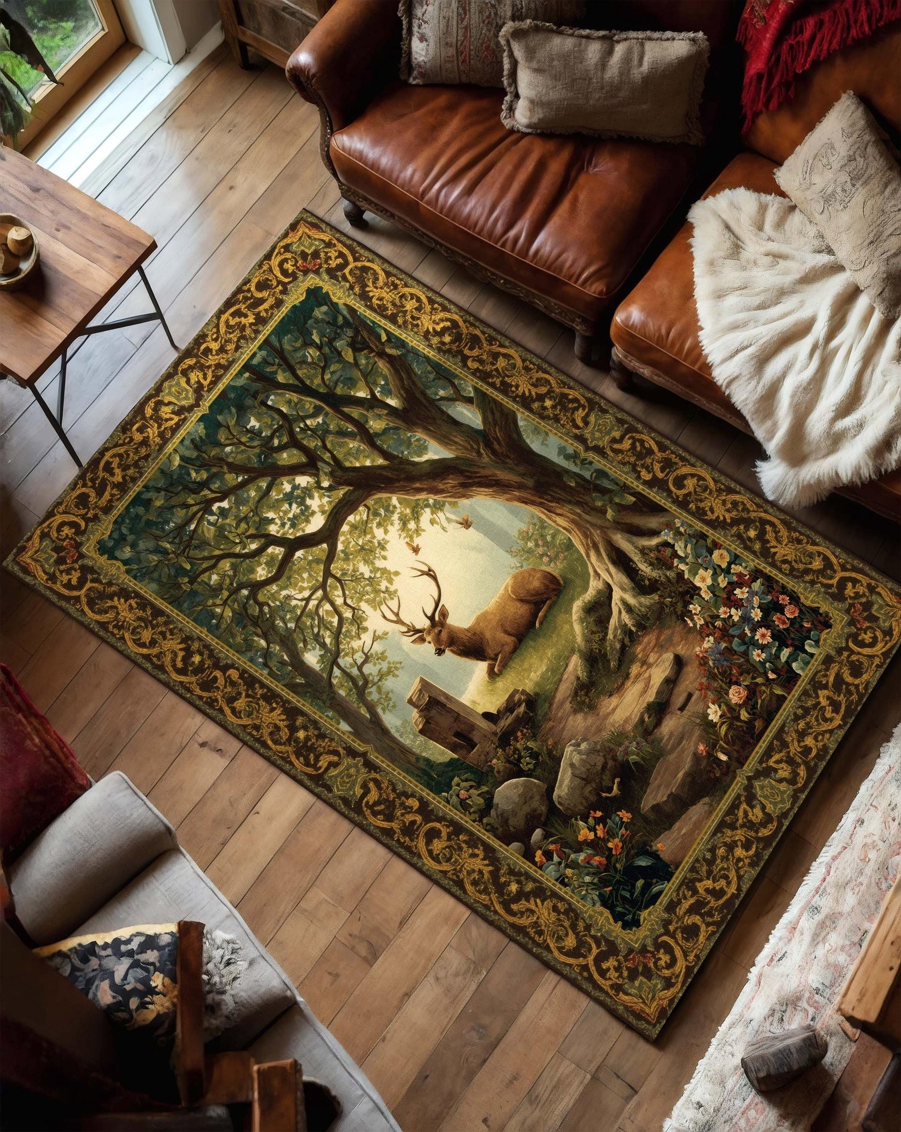 Deer Tapestry Rectangular Rug, Regal Forest Stag Rug, Classical Nature Scene Carpet
