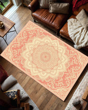 Terracotta Boho Mandala Rug for Living Room, Vintage Beige and Rust Oriental Style Carpet, Yoga Room Floor Mat, Bohemian Floral Area Rug