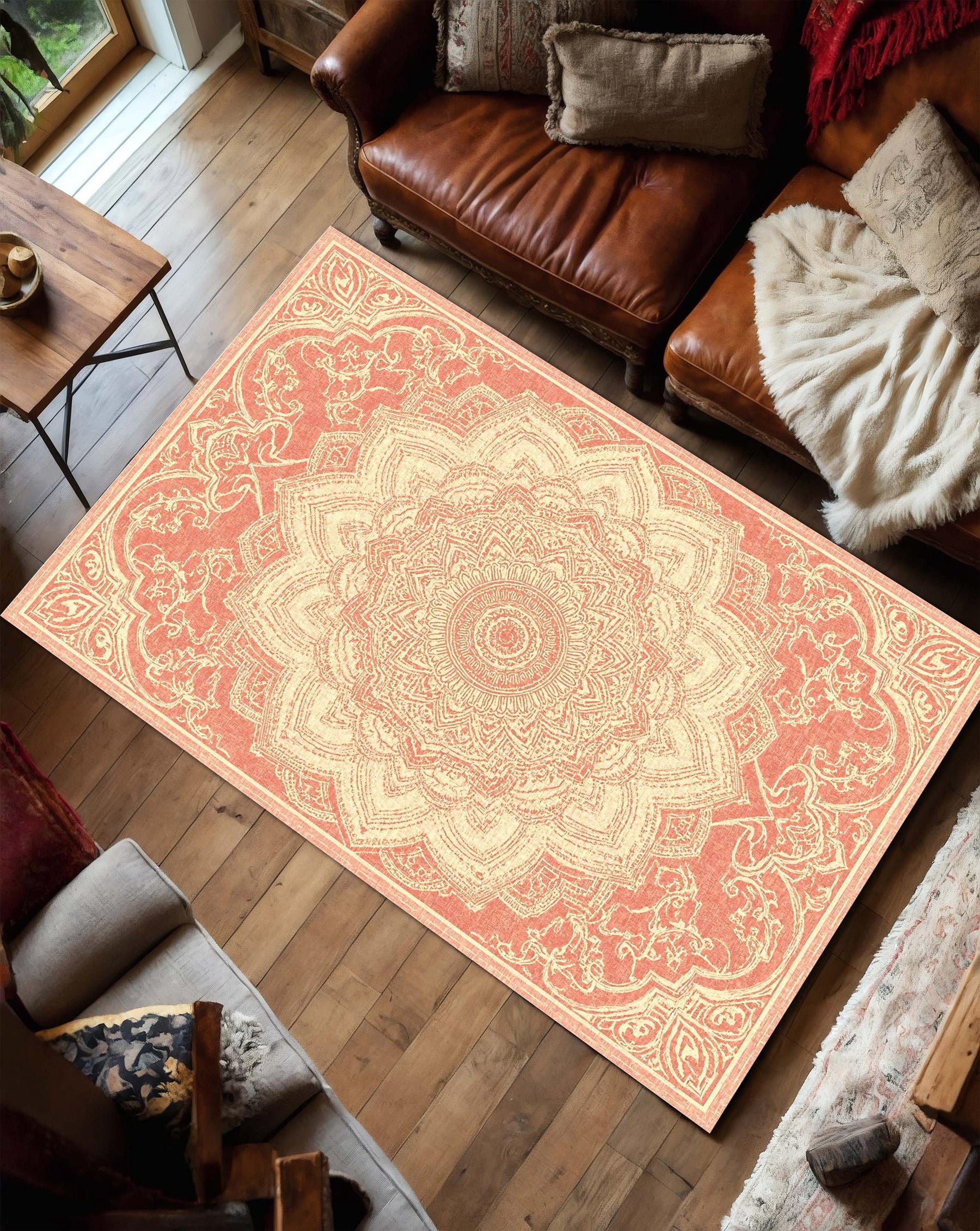 Terracotta Boho Mandala Rug for Living Room, Vintage Beige and Rust Oriental Style Carpet, Yoga Room Floor Mat, Bohemian Floral Area Rug