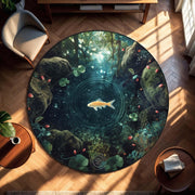 Mystical Fish in Forest Water Carpet | Dreaming Pond Round Rug | Zen Nature Inspired Tapestry Rug for Peaceful Living Spaces