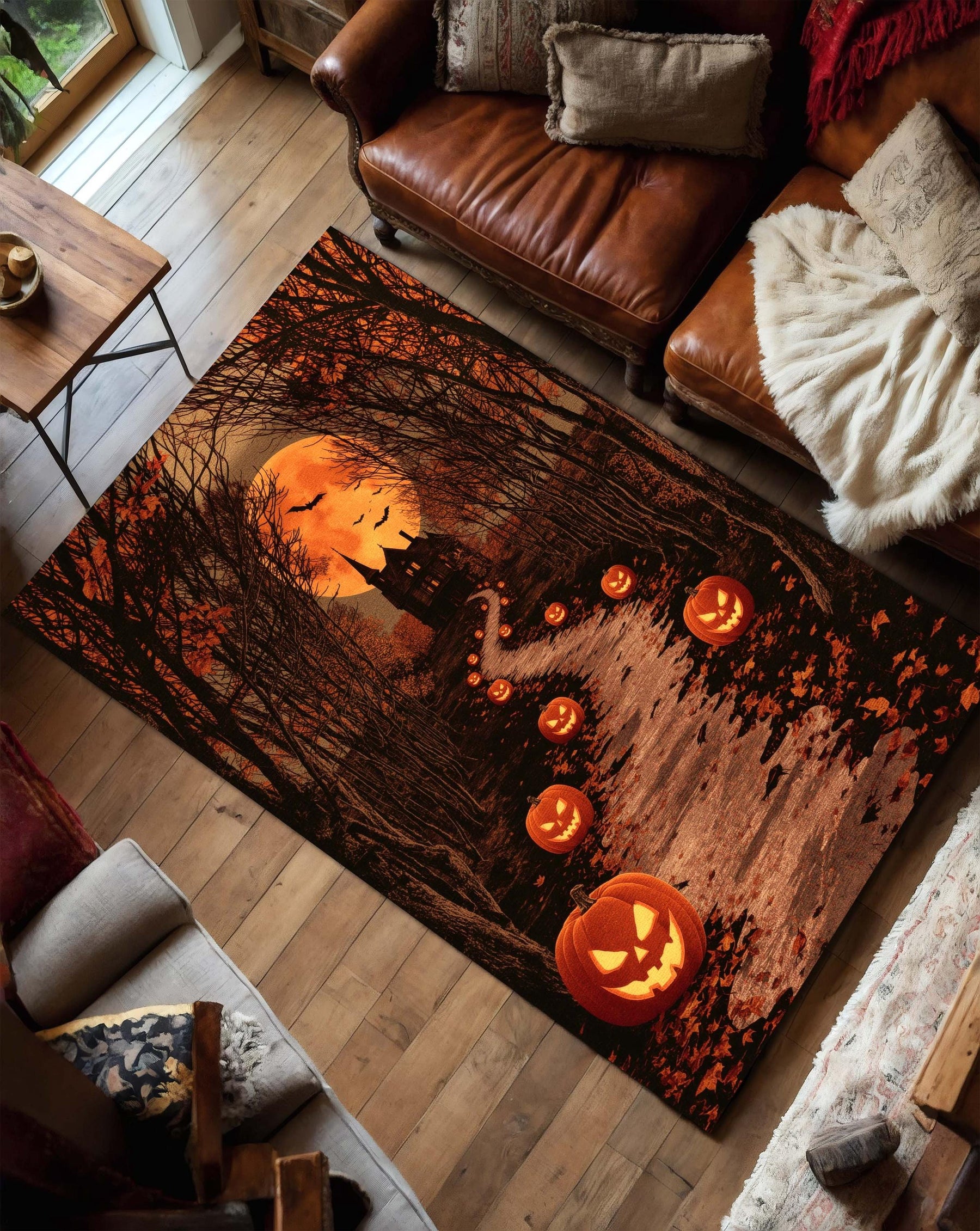 Haunted House Halloween Rug | Glowing Pumpkin Path Carpet with Full Moon | Spooky Forest Trail Rug | Gothic Haunted Mansion Fall Decor