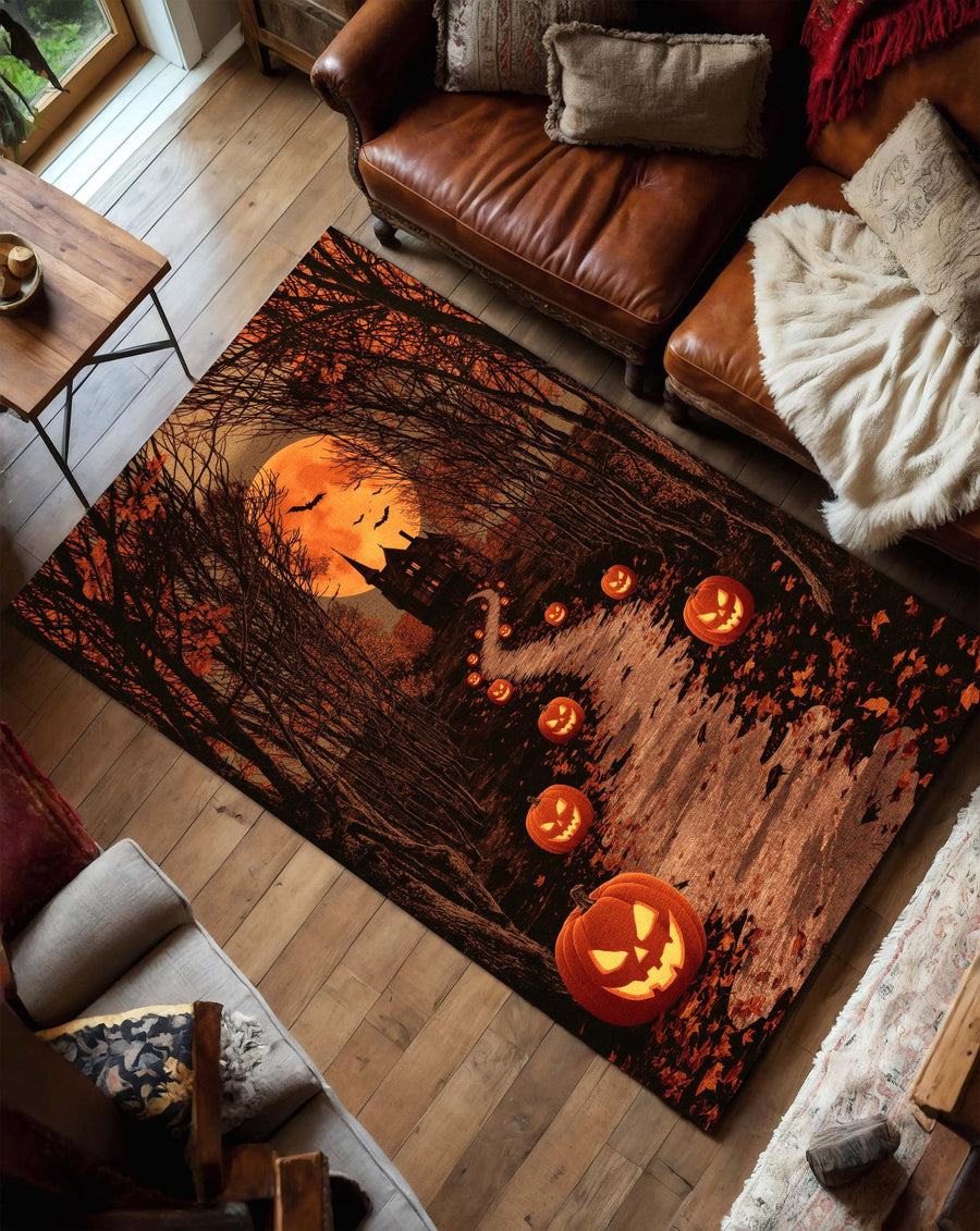 Haunted House Halloween Rug | Glowing Pumpkin Path Carpet with Full Moon | Spooky Forest Trail Rug | Gothic Haunted Mansion Fall Decor
