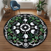 Dark Botanical Moon Phase Round Rug, Witchy Botanical Circle Carpet, Gothic Lunar Altar Decor