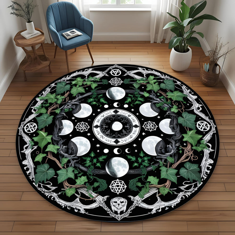 Dark Botanical Moon Phase Round Rug, Witchy Botanical Circle Carpet, Gothic Lunar Altar Decor