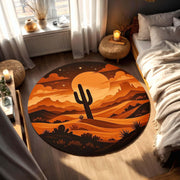 Desert Sunset Round Rug, Southwestern Cactus Floor Art, Retro Western Round Carpet, Warm Earth Tone Boho Rug, Arizona Landscape Decor