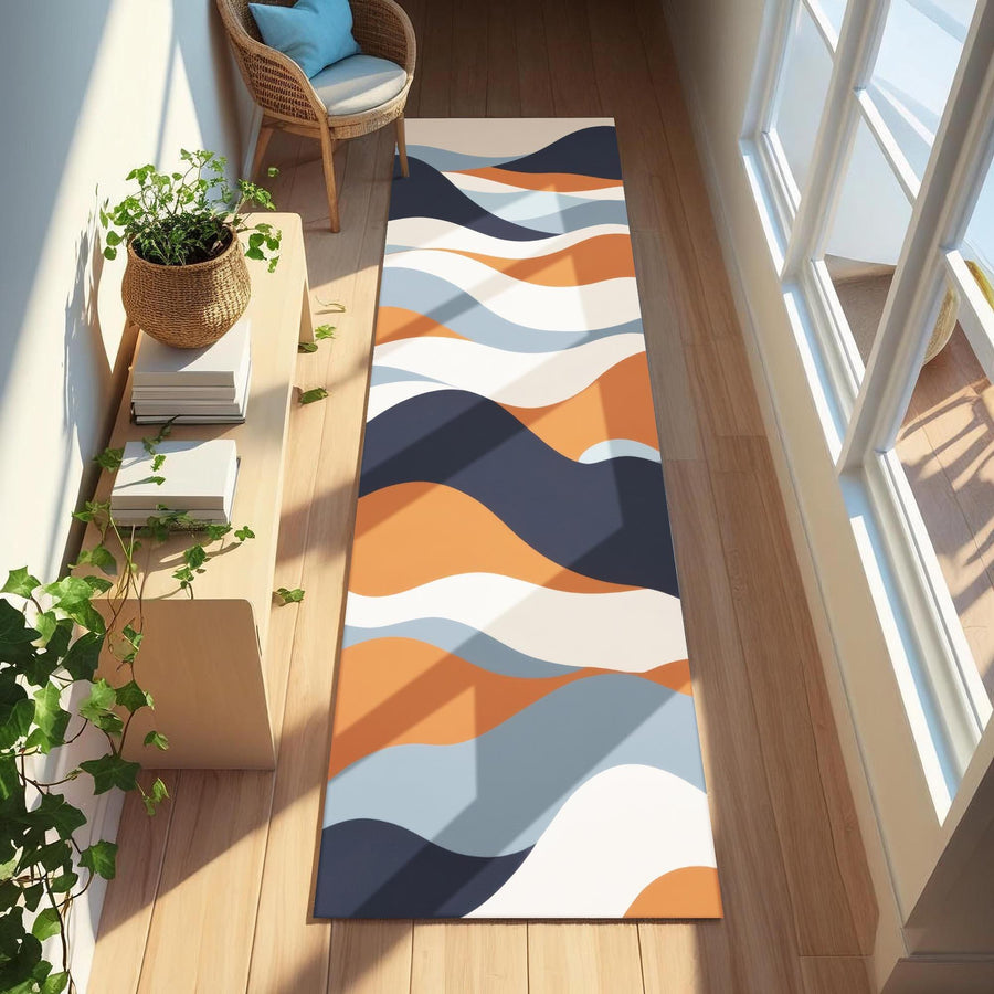 Retro Wave Runner Rug | Bold Mid-Century Modern Carpet with Orange, Navy & Blue Abstract Lines | Graphic Contemporary Hallway Decor
