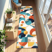 Retro Modern Runner Rug | Colorful Mid-Century Carpet with Bold Geometric Shapes in Orange, Blue & Yellow | Graphic Hallway or Entry Decor