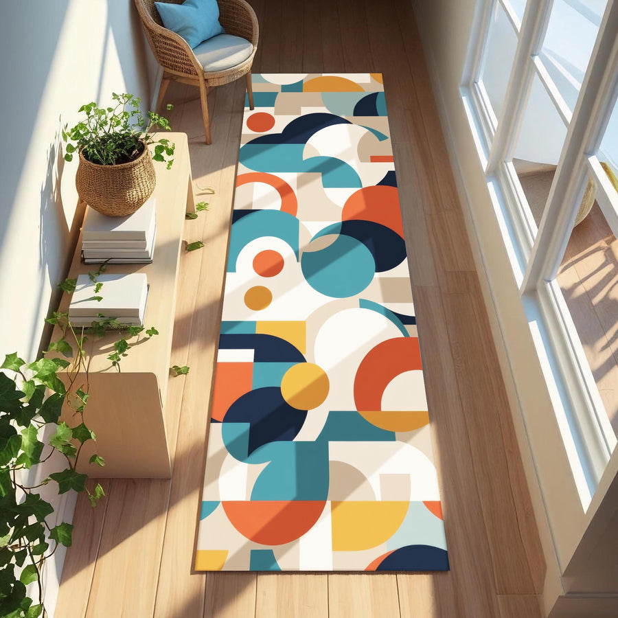 Retro Modern Runner Rug | Colorful Mid-Century Carpet with Bold Geometric Shapes in Orange, Blue & Yellow | Graphic Hallway or Entry Decor