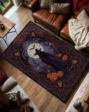 Dark Witch Halloween Rug with Moonlight and Pumpkins, Spooky Gothic Carpet for Witchy Living Room, Haunted House or Mystical Home Carpet