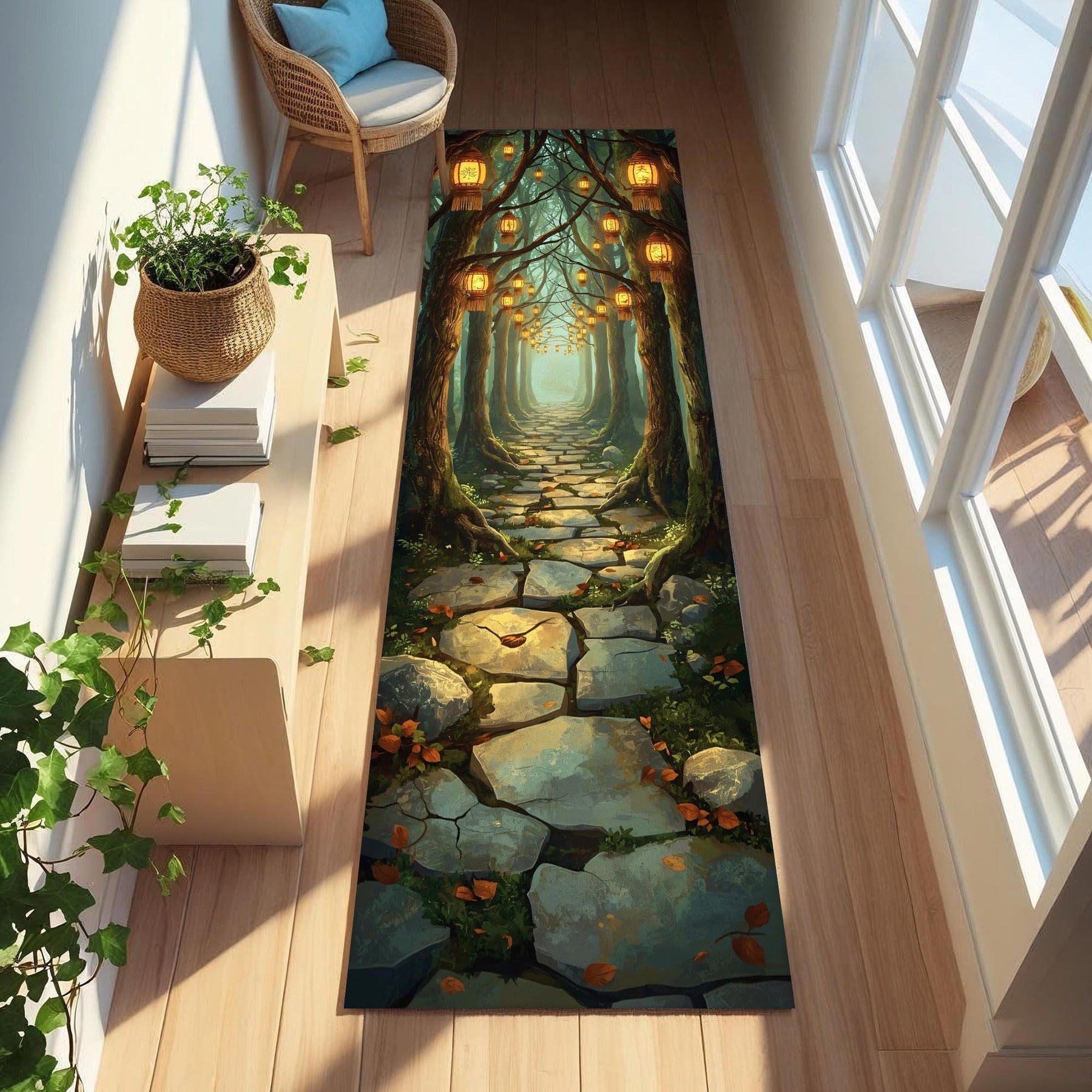 Lantern Forest Runner Rug, Enchanted Stone Path Carpet, Magical Tree Light Hallway Rug, Rustic Autumn Trail Fantasy Floor Decor