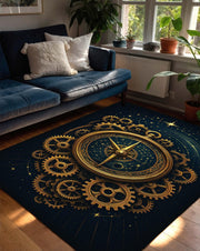 Steampunk Compass Rug, Gold Gear Clockwork Carpet with Celestial Star Design, Cosmic Navigation Theme Rug for Study Room or Modern Library