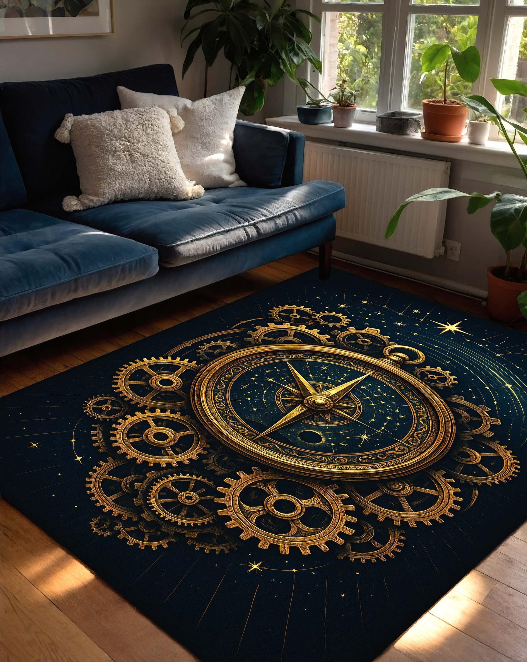 Steampunk Compass Rug, Gold Gear Clockwork Carpet with Celestial Star Design, Cosmic Navigation Theme Rug for Study Room or Modern Library