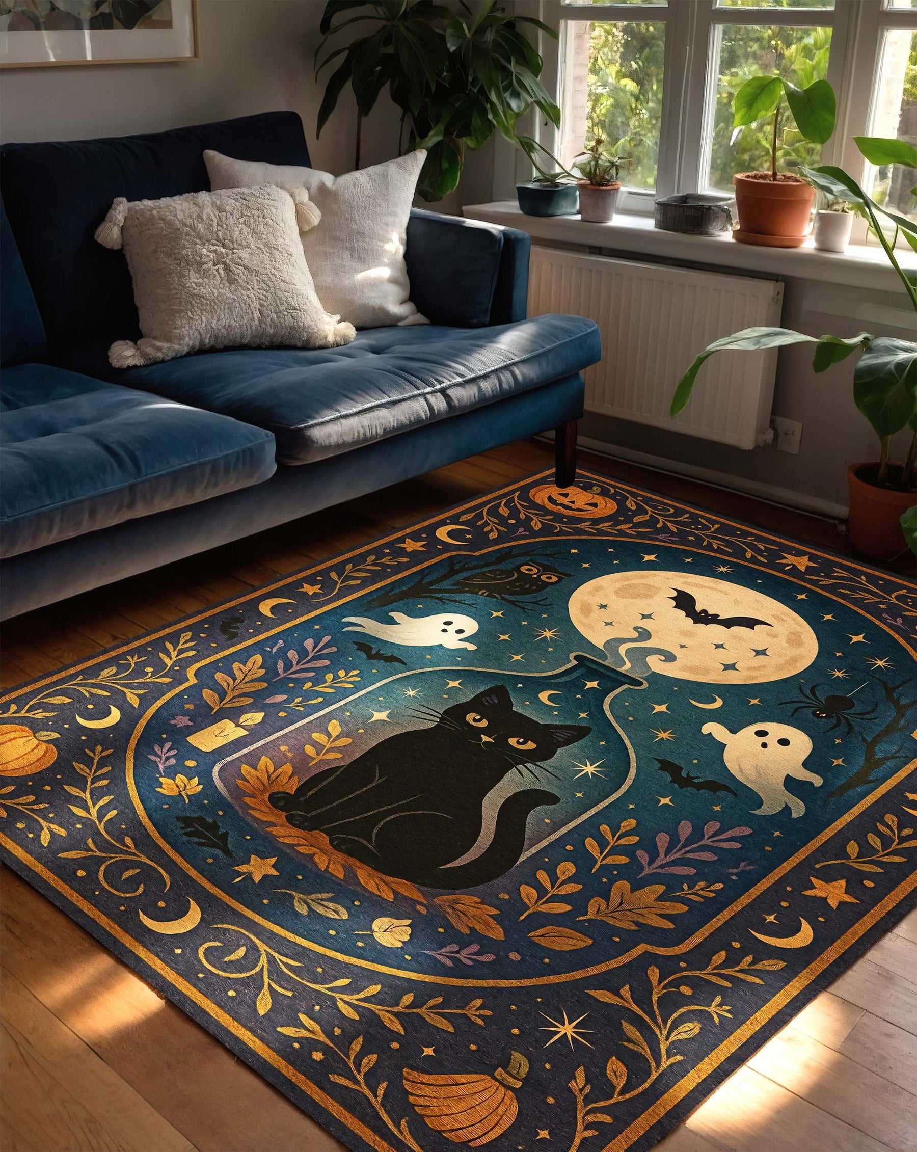 Halloween Cat Rug, Witchy Carpet with Ghosts and Pumpkins, Spooky Black Cat Area Rug for Living Room Kids Room or Magical Fall Decor