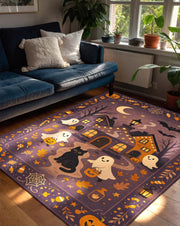 Whimsical Halloween Rug, Ghosts Trick or Treating with Black Cat and Haunted House, Purple Witchy Fall Carpet for Spooky Gothic Room Decor