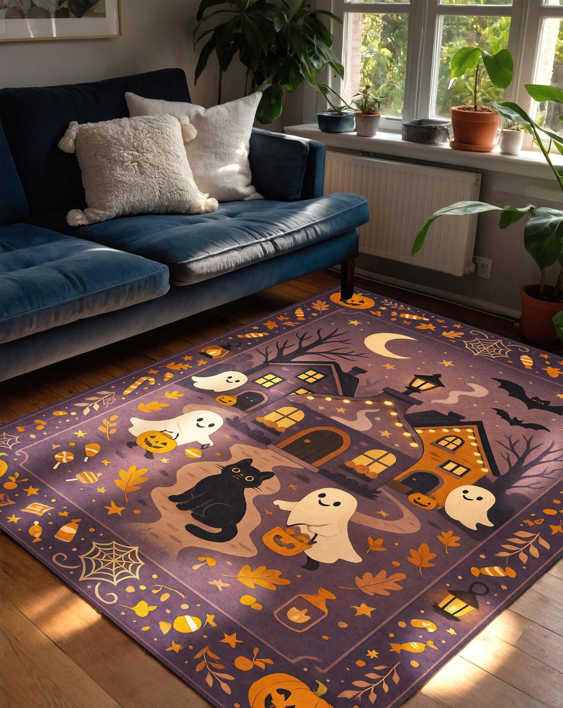 Whimsical Halloween Rug, Ghosts Trick or Treating with Black Cat and Haunted House, Purple Witchy Fall Carpet for Spooky Gothic Room Decor