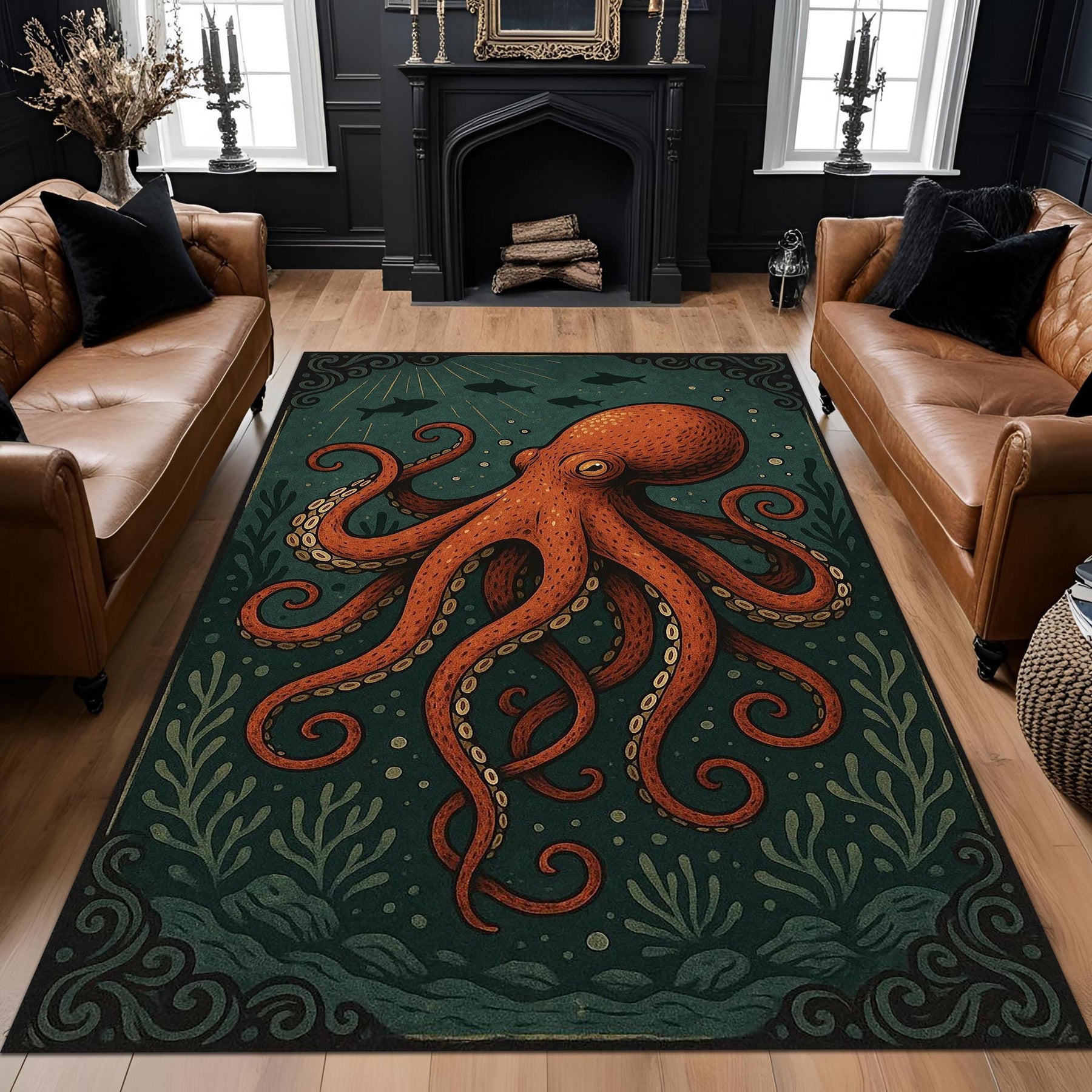 Octopus Gothic Rug, Kraken Sea Creature Rug, Dark Nautical Marine Rug, Gothic Sea Monster Rug, Washable Rug, Statement Ocean Area Rug