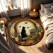 Book Lover Cat Round Rug, Cozy Gothic Library Decor with Black Cat & Books, Dark Academia Gift for Readers, Writers and Home Study Corners