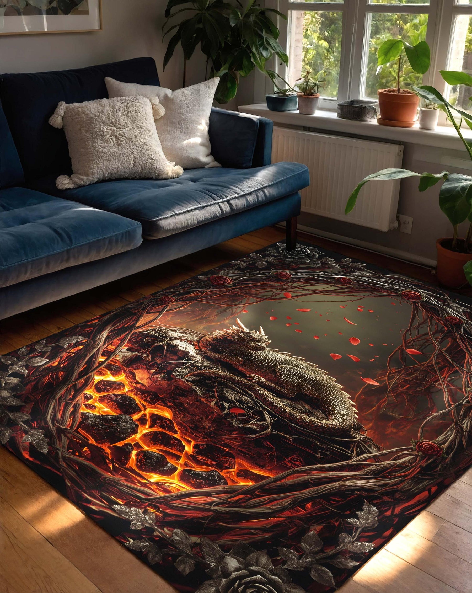 Gothic Dragon Rug for Dragonlovers, Gothic Fantasy Lava Lair Carpet with Thorns & Sleeping Beast