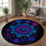 Neon Mandala Round Rug: Psychedelic Floral Pattern with Radiant Glow, Spiritual Boho Carpet for Living Room or Meditation Space
