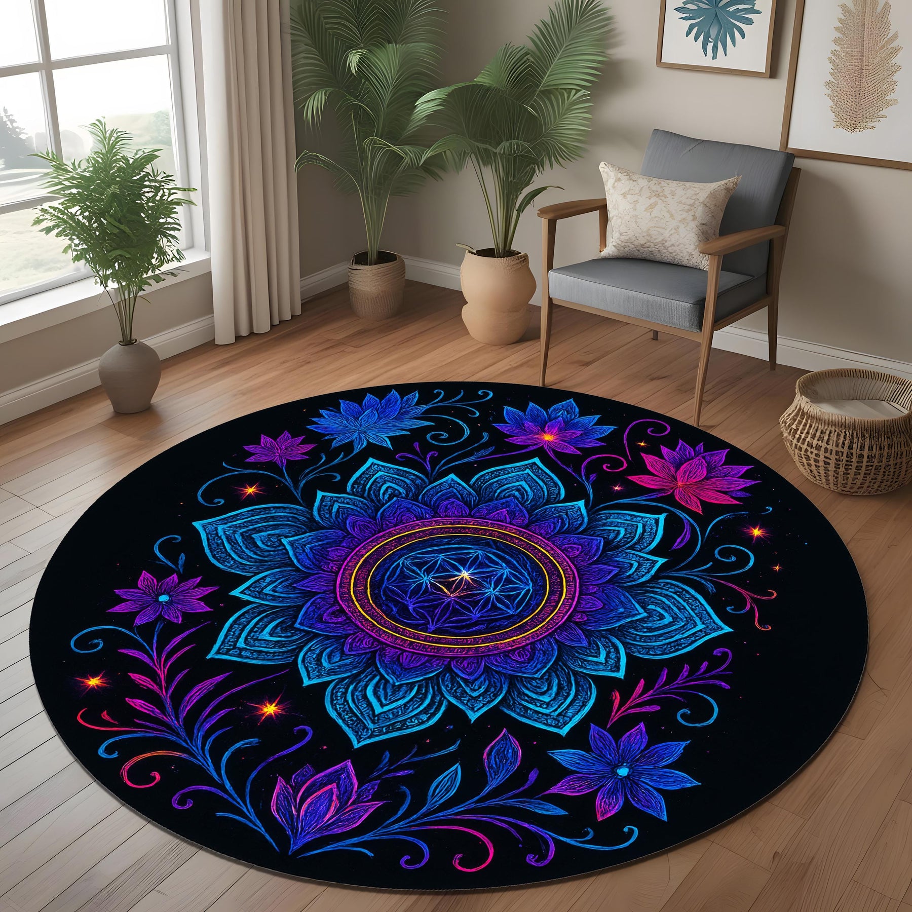 Neon Mandala Round Rug: Psychedelic Floral Pattern with Radiant Glow, Spiritual Boho Carpet for Living Room or Meditation Space