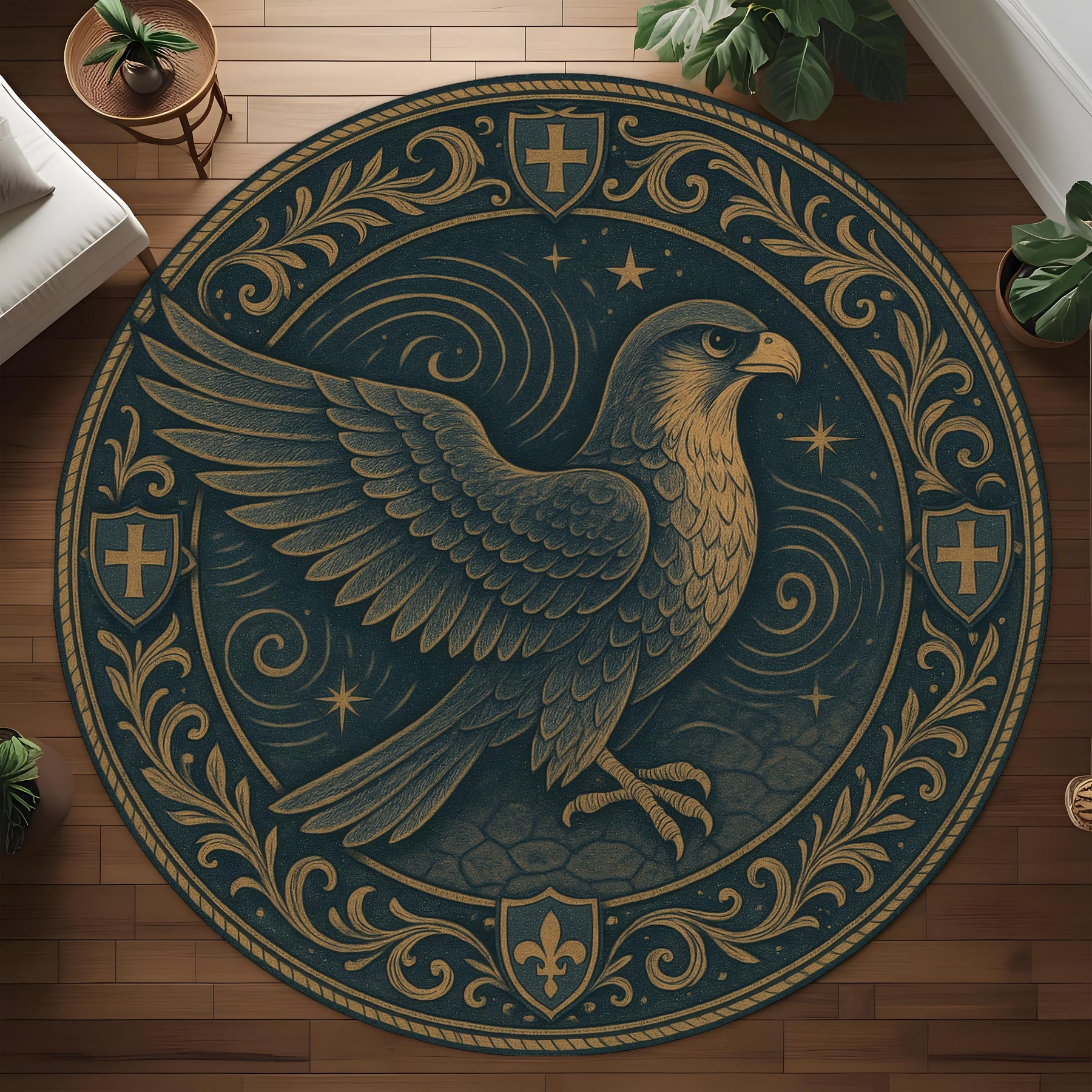 Eagle Heraldic Crest Rug: Round Medieval Style Tapestry Rug with Fleur-de-Lis and Noble Shield Motifs