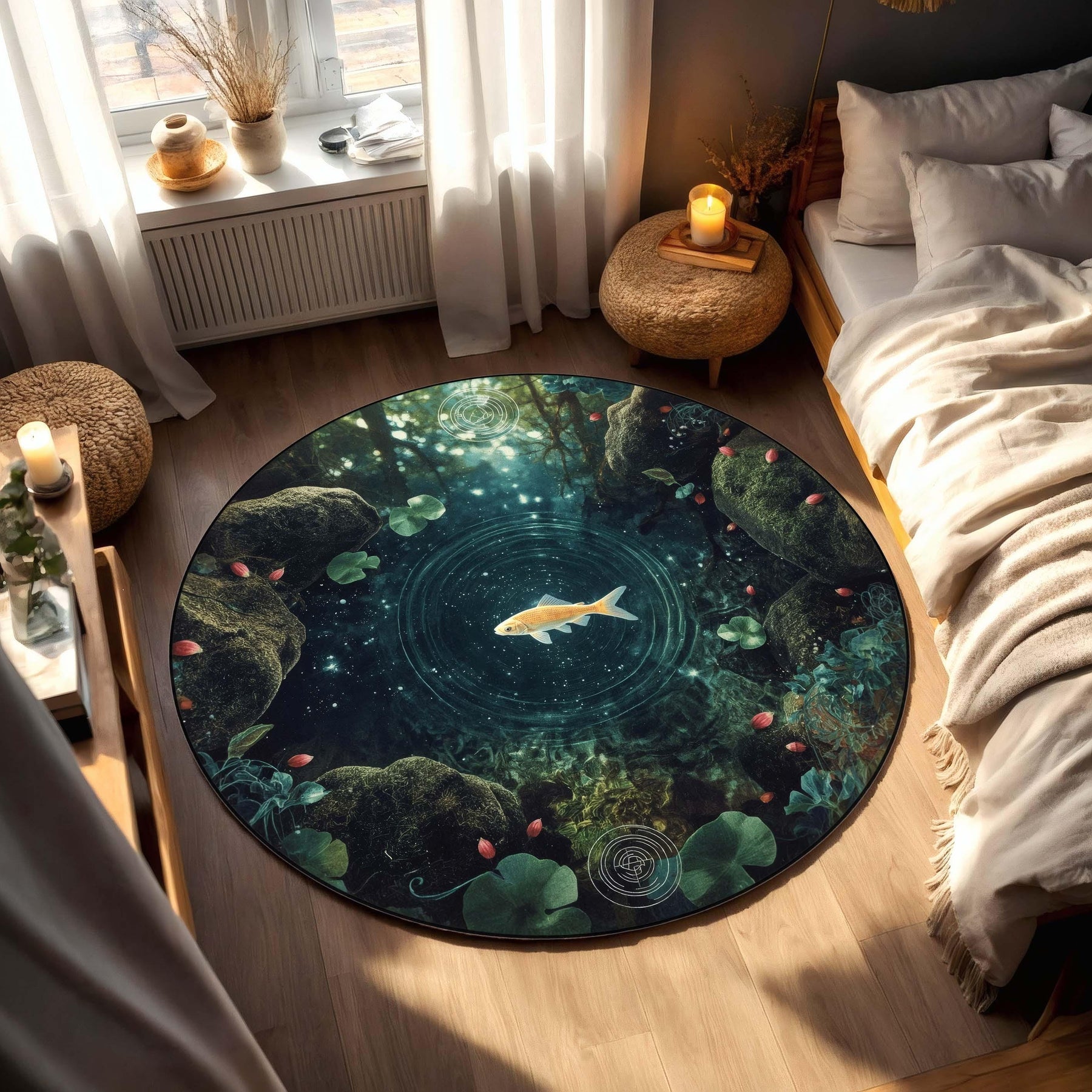 Mystical Fish in Forest Water Carpet | Dreaming Pond Round Rug | Zen Nature Inspired Tapestry Rug for Peaceful Living Spaces