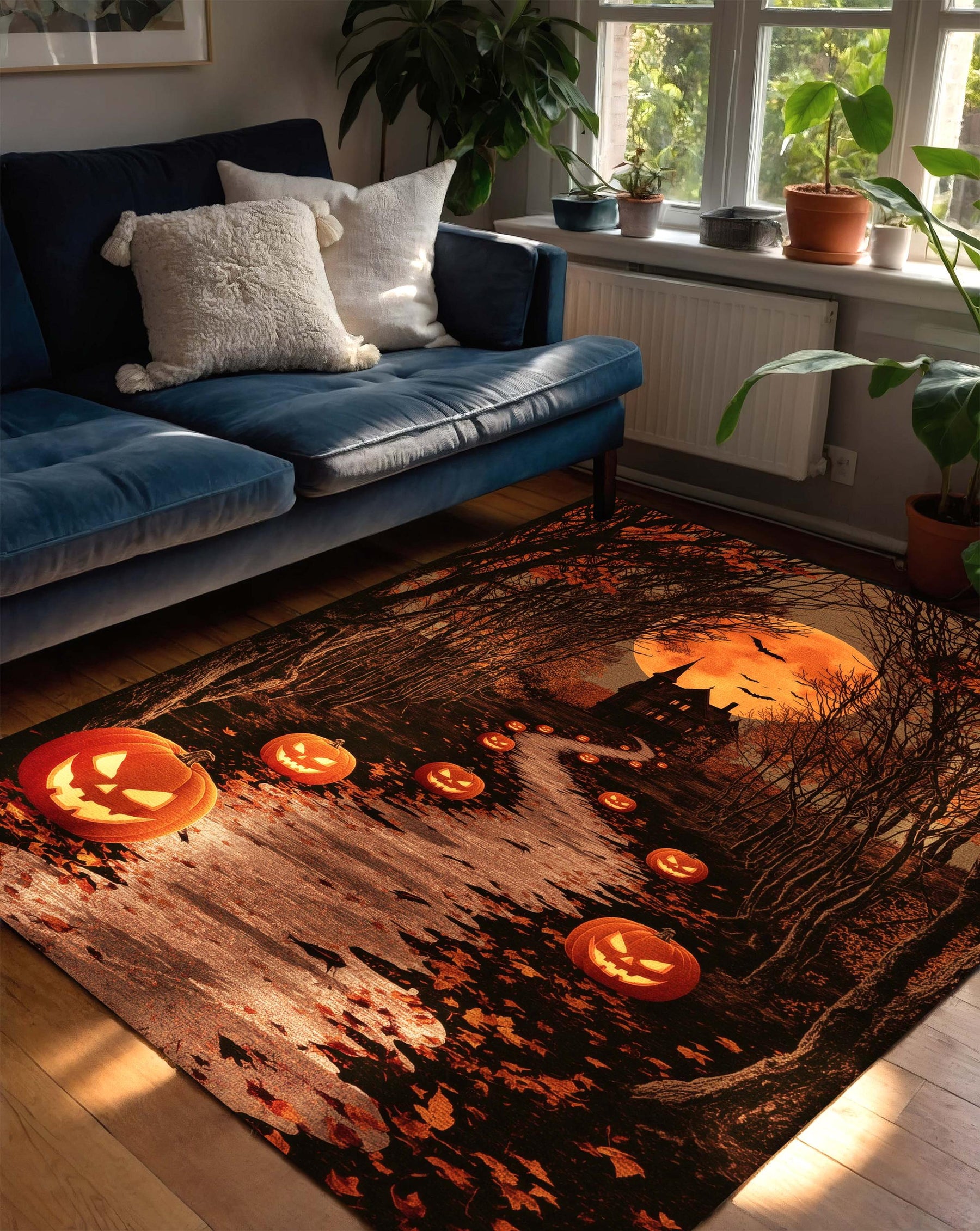 Haunted House Halloween Rug | Glowing Pumpkin Path Carpet with Full Moon | Spooky Forest Trail Rug | Gothic Haunted Mansion Fall Decor