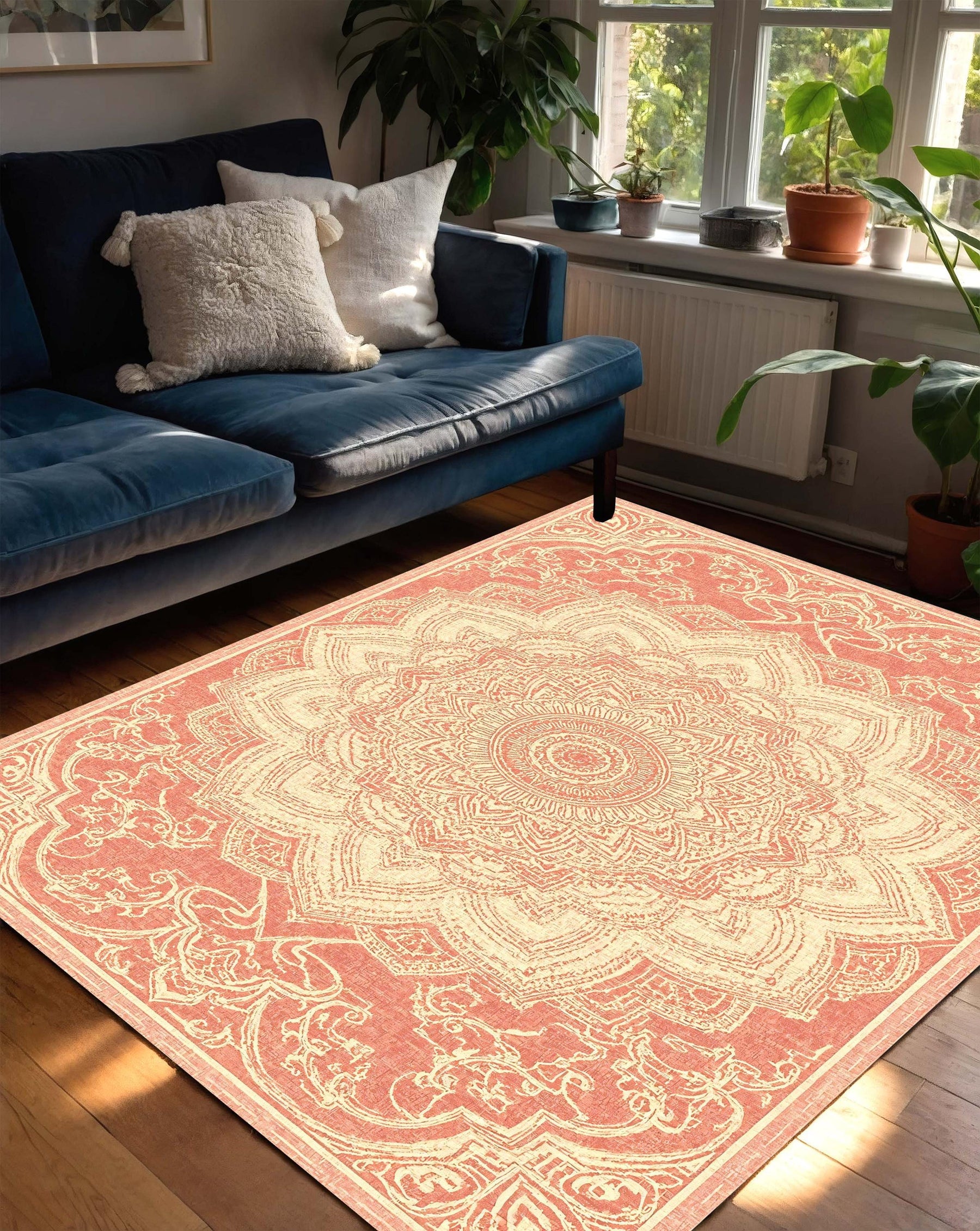Terracotta Boho Mandala Rug for Living Room, Vintage Beige and Rust Oriental Style Carpet, Yoga Room Floor Mat, Bohemian Floral Area Rug