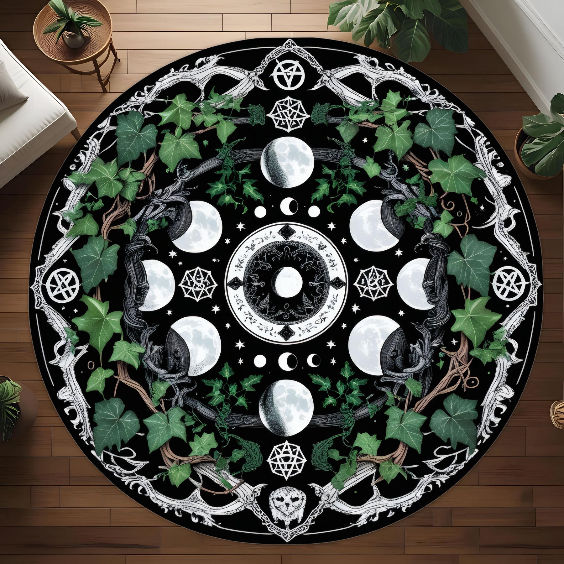 Dark Botanical Moon Phase Round Rug, Witchy Botanical Circle Carpet, Gothic Lunar Altar Decor