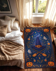Witch Hat Halloween Rug, Blue Magic Carpet with Broomsticks, Potions and Ghosts, Spooky Witchy Tapestry for Fall Goth Room or Kids Decor