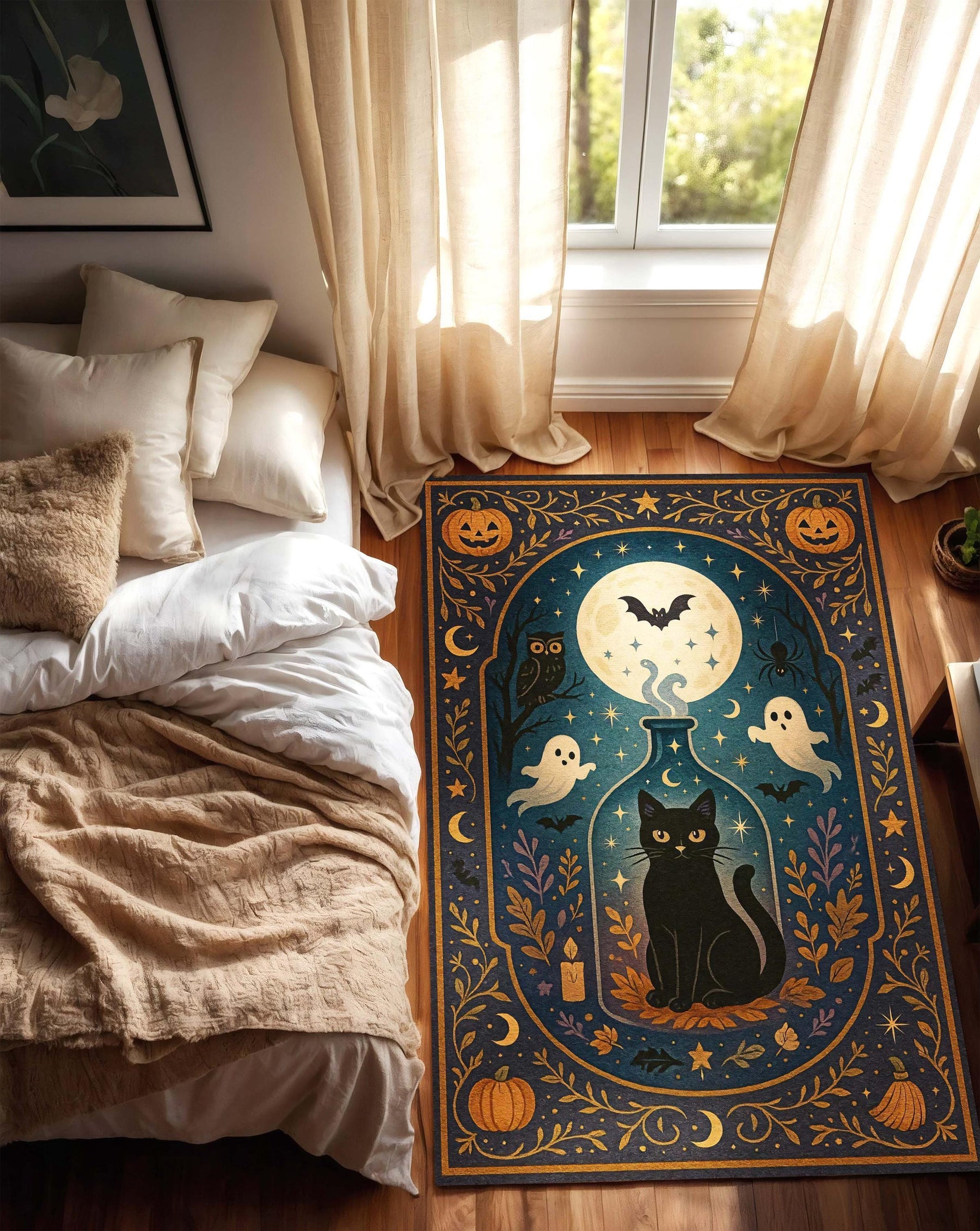Halloween Cat Rug, Witchy Carpet with Ghosts and Pumpkins, Spooky Black Cat Area Rug for Living Room Kids Room or Magical Fall Decor