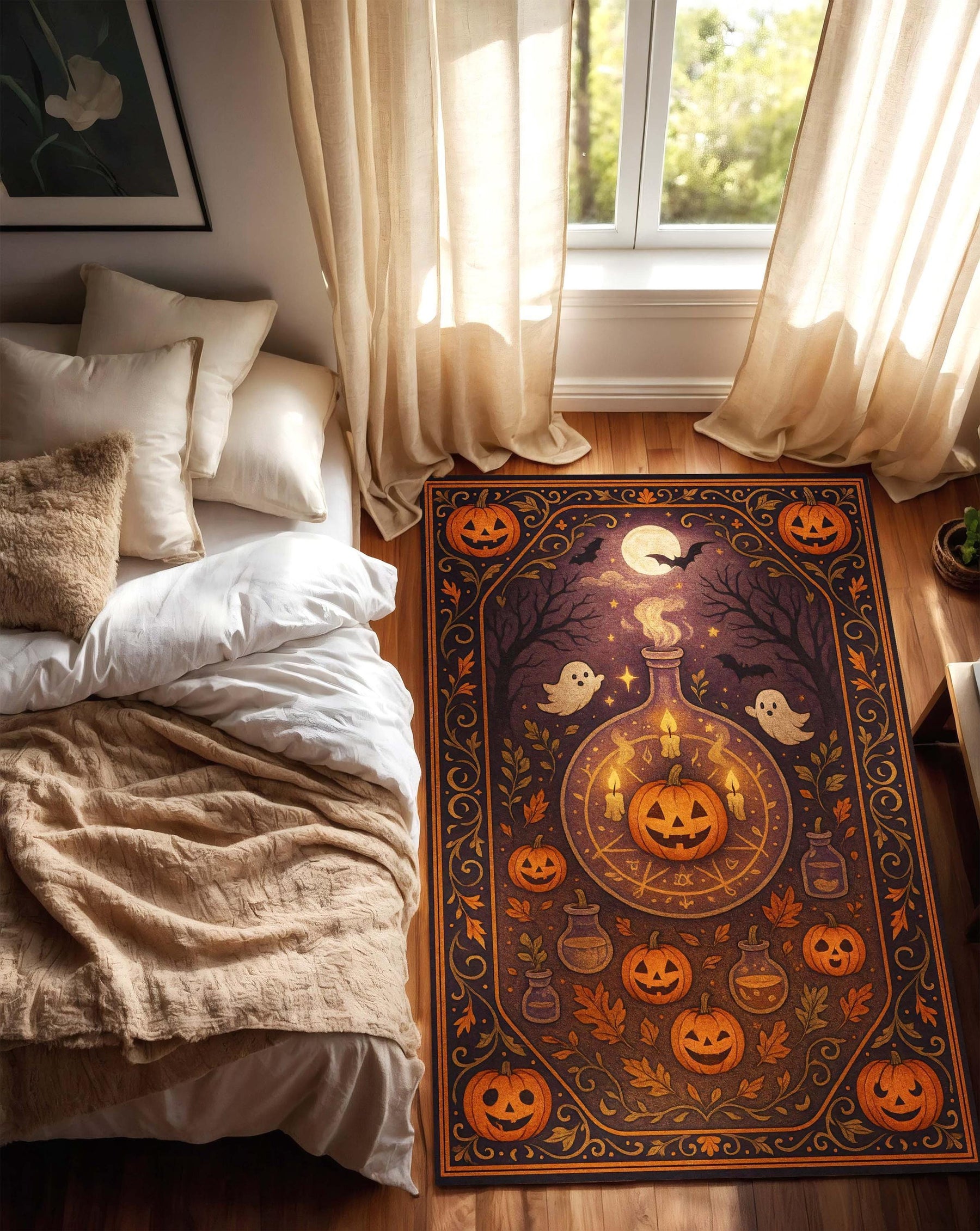 Halloween Pumpkin Rug with Magic Potion Bottles and Jack-O'-Lanterns, Witchy Area Rug for Spooky Fall Living Room or Kids Room Decor