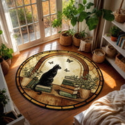 Book Lover Cat Round Rug, Cozy Gothic Library Decor with Black Cat & Books, Dark Academia Gift for Readers, Writers and Home Study Corners