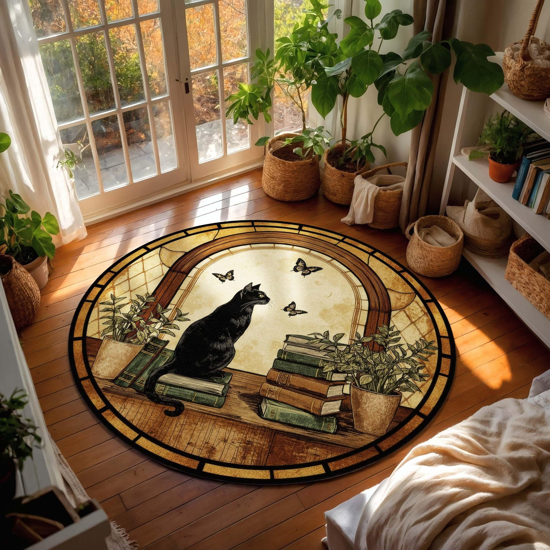 Book Lover Cat Round Rug, Cozy Gothic Library Decor with Black Cat & Books, Dark Academia Gift for Readers, Writers and Home Study Corners