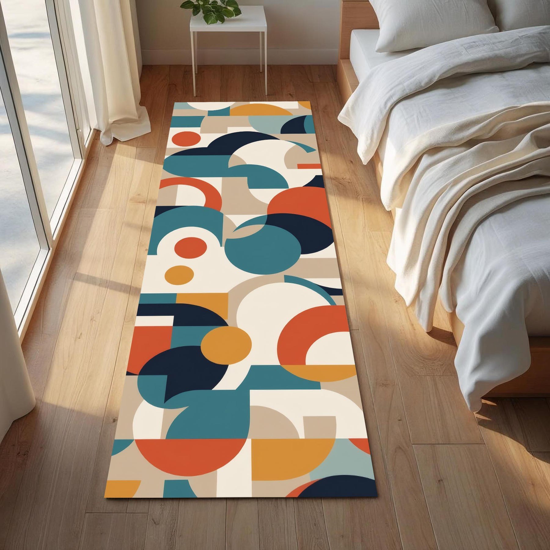 Retro Modern Runner Rug | Colorful Mid-Century Carpet with Bold Geometric Shapes in Orange, Blue & Yellow | Graphic Hallway or Entry Decor