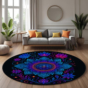 Neon Mandala Round Rug: Psychedelic Floral Pattern with Radiant Glow, Spiritual Boho Carpet for Living Room or Meditation Space