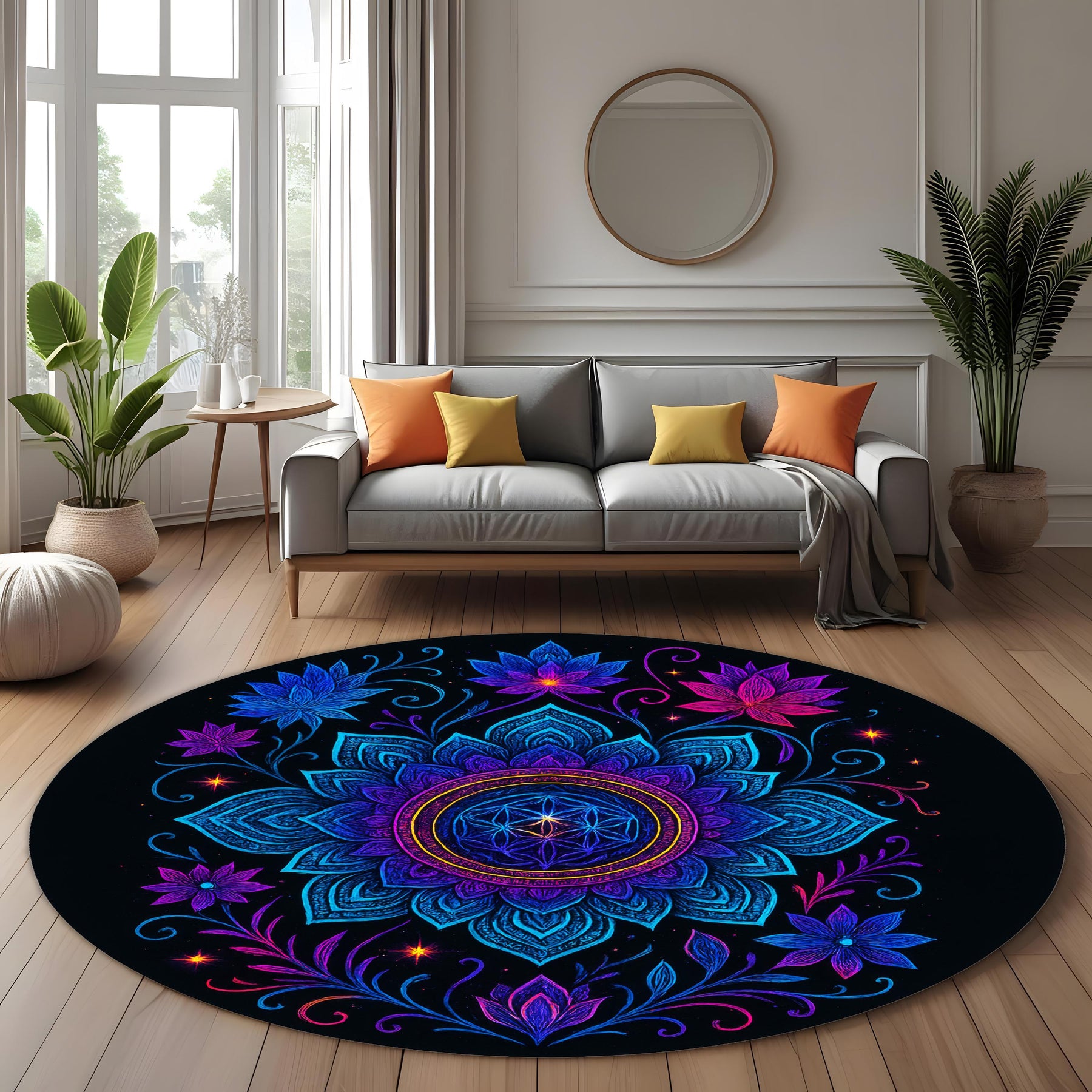 Neon Mandala Round Rug: Psychedelic Floral Pattern with Radiant Glow, Spiritual Boho Carpet for Living Room or Meditation Space