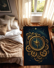 Steampunk Compass Rug, Gold Gear Clockwork Carpet with Celestial Star Design, Cosmic Navigation Theme Rug for Study Room or Modern Library