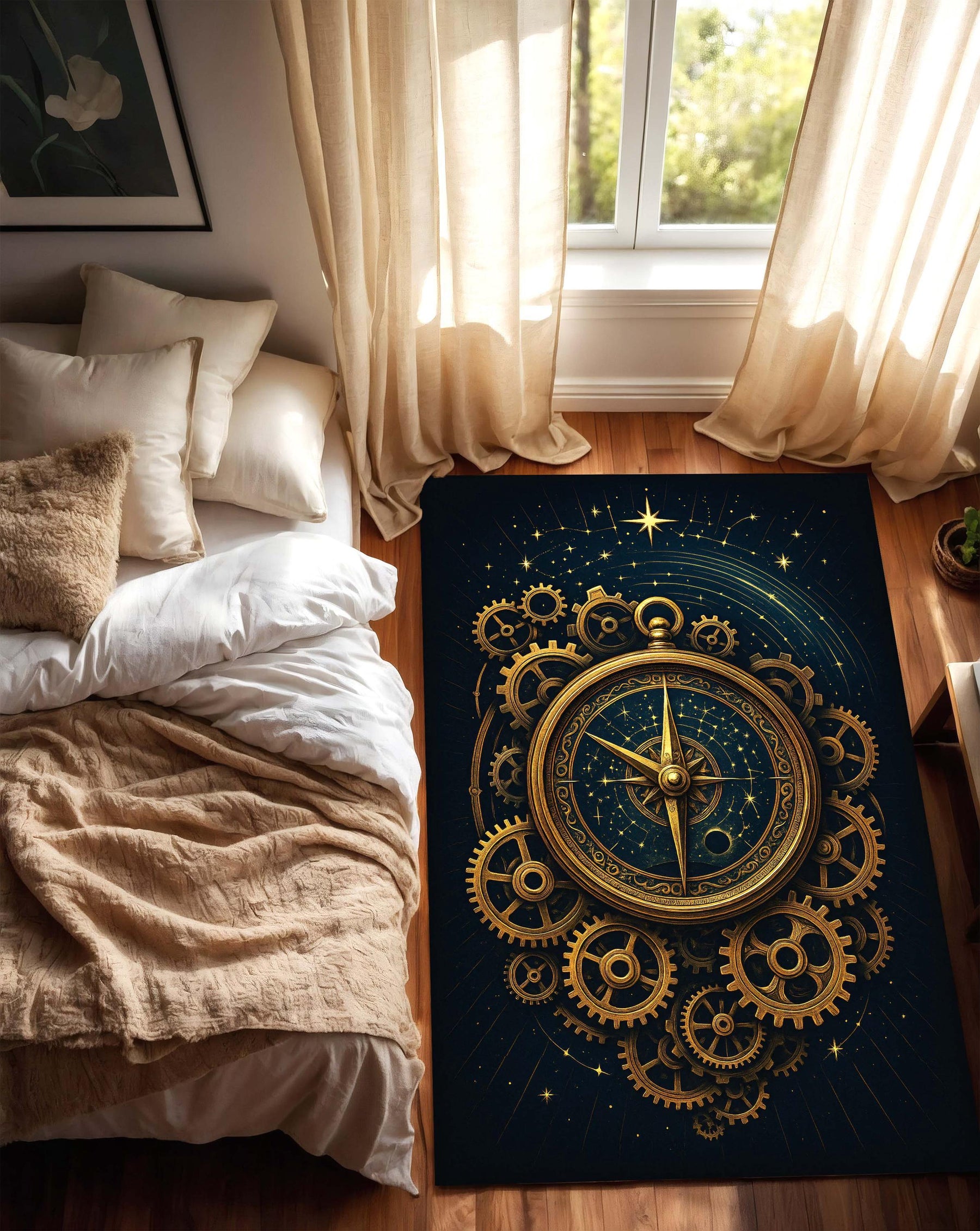 Steampunk Compass Rug, Gold Gear Clockwork Carpet with Celestial Star Design, Cosmic Navigation Theme Rug for Study Room or Modern Library