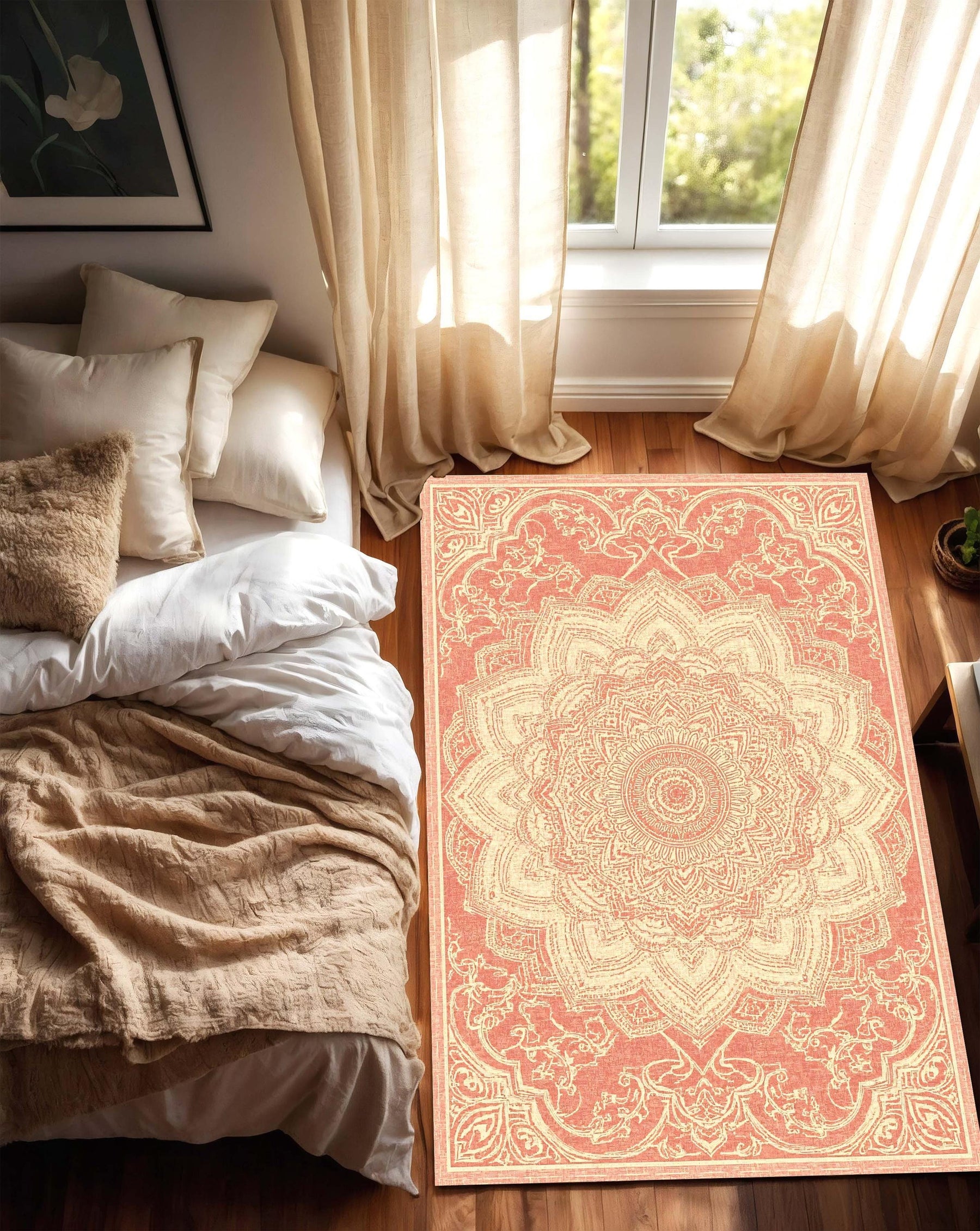 Terracotta Boho Mandala Rug for Living Room, Vintage Beige and Rust Oriental Style Carpet, Yoga Room Floor Mat, Bohemian Floral Area Rug