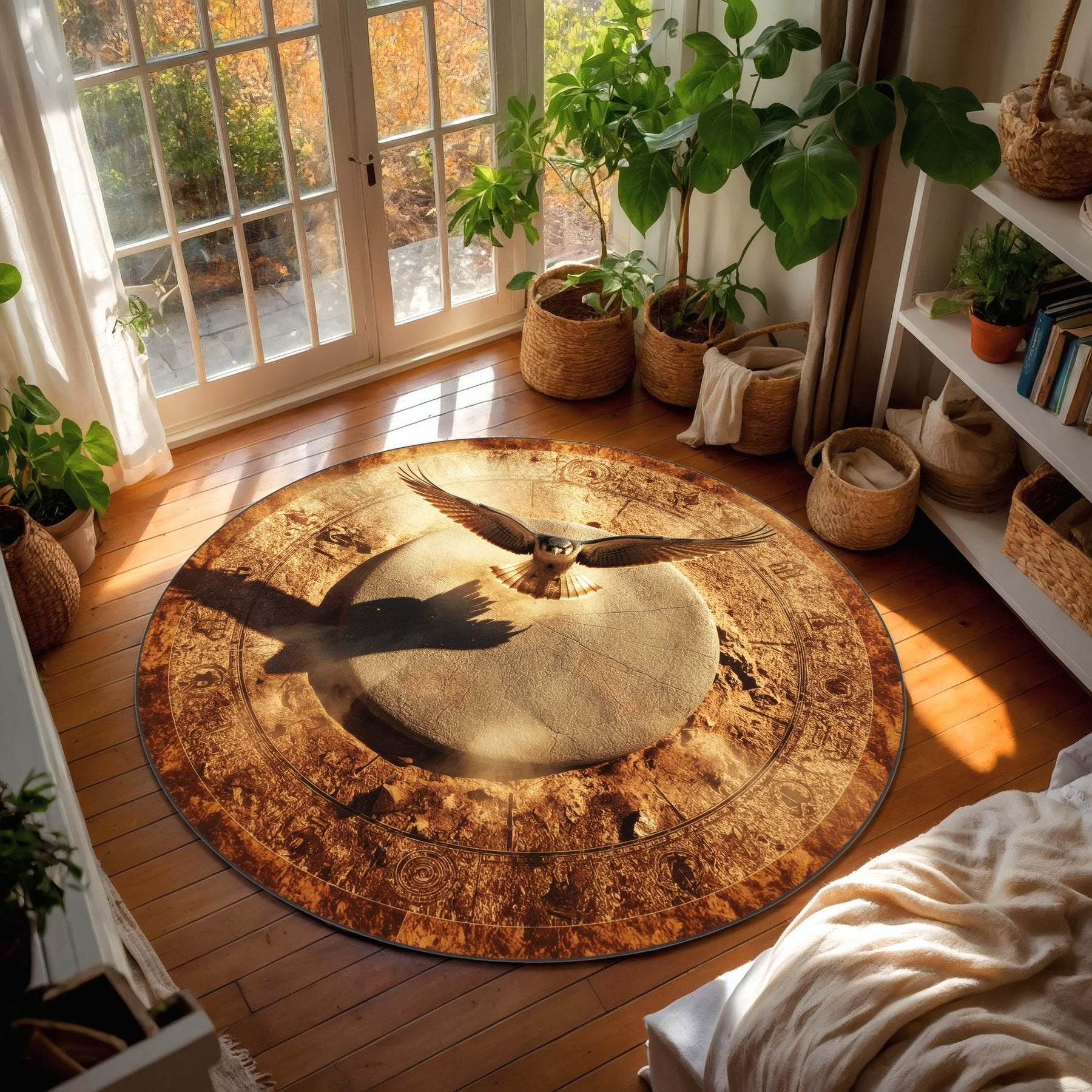 Falcon of the Sun Round Rug | Ancient Symbolism Carpet with Desert Tones | Mystical Eagle Rug for History & Fantasy Inspired Decor