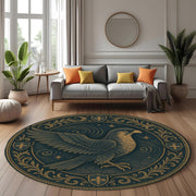 Eagle Heraldic Crest Rug: Round Medieval Style Tapestry Rug with Fleur-de-Lis and Noble Shield Motifs