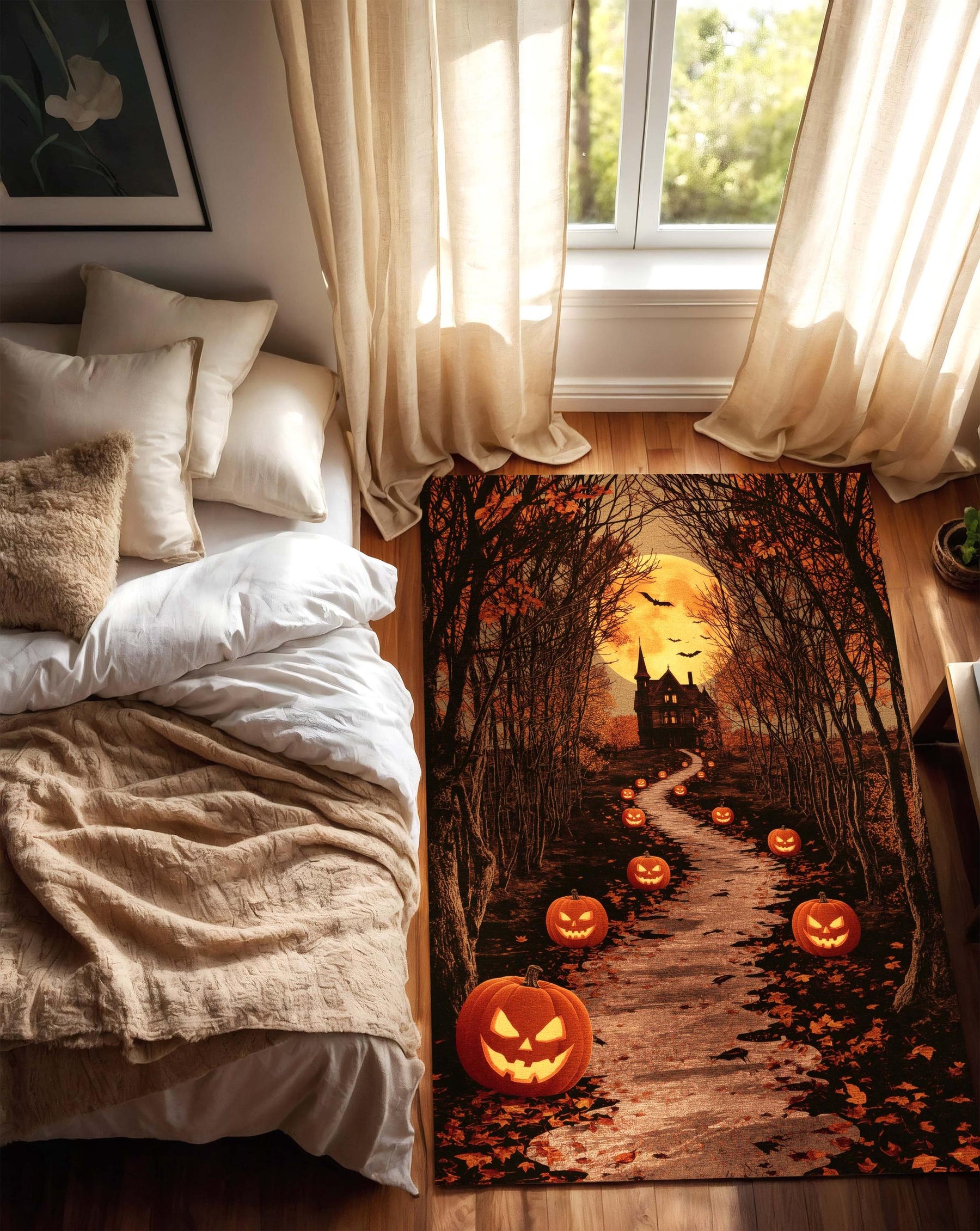 Haunted House Halloween Rug | Glowing Pumpkin Path Carpet with Full Moon | Spooky Forest Trail Rug | Gothic Haunted Mansion Fall Decor