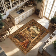 Vintage French Style Rug With Château Picnic Scene, Baroque Fruit Table Print, Antique Tapestry Look Rug For Elegant Country Kitchens