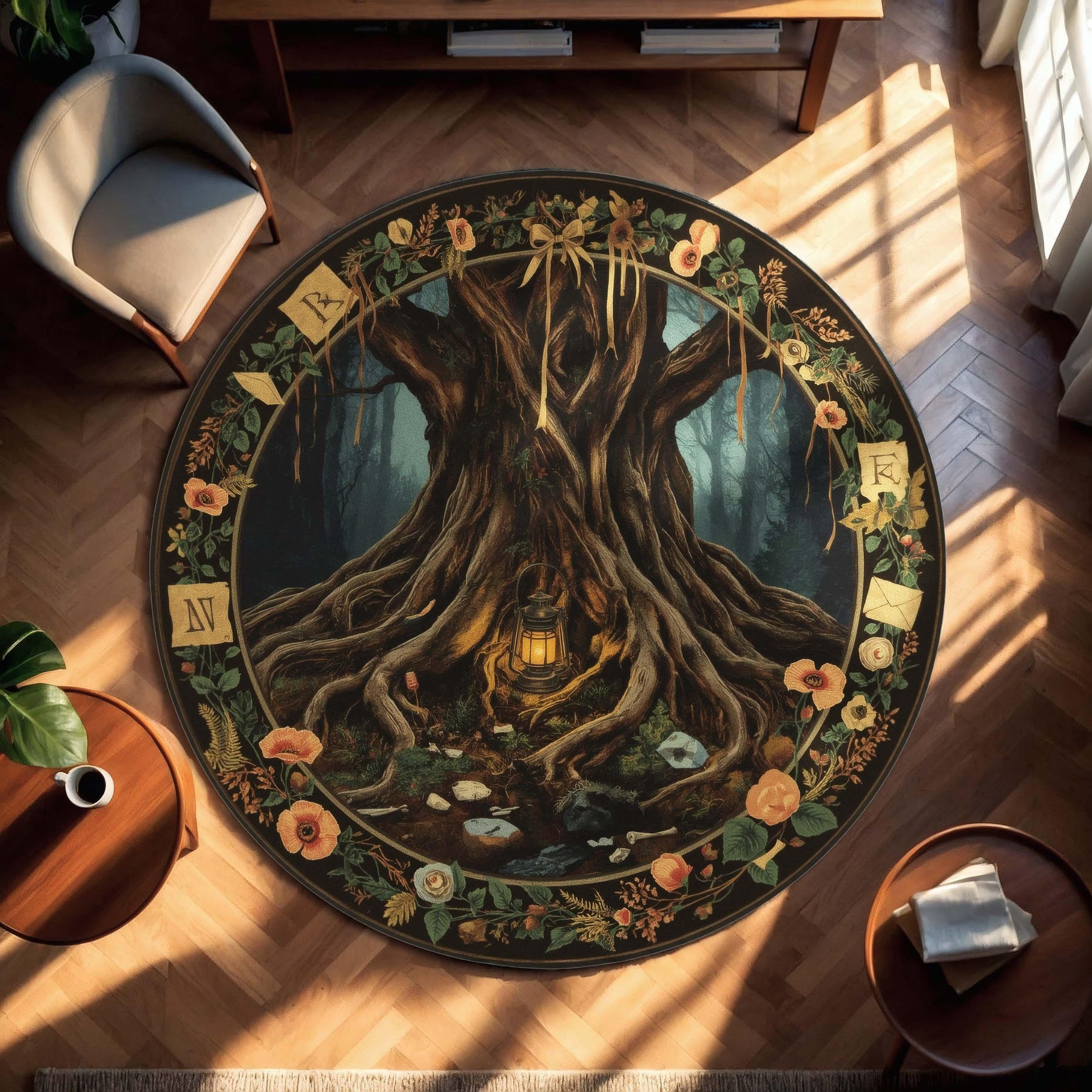 Ancient Tree Round Rug | Mystical Forest Carpet with Lantern, Roots & Floral Symbols | Fairytale Woodland Decor | Fantasy Nature Room Decor
