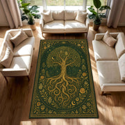 Tree of Life Rug, Olive Green and Gold Spiritual Carpet, Mystical Boho Botanical Area Rug for Meditation Room or Living Room Decor